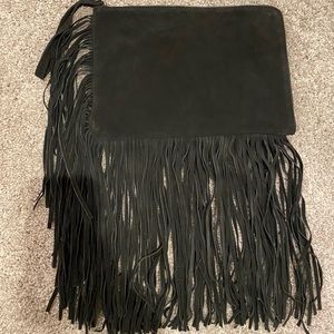 Zara Fringe Black Suede Leather Clutch